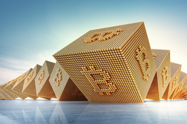 Bitcoin symbol in blockchain technology and cryptocurrency concept. Abstract background 3d illustration.