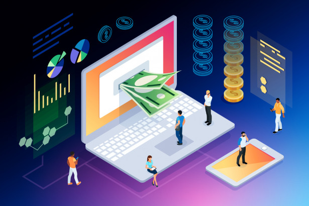 Isometric concept of crypto currency.
