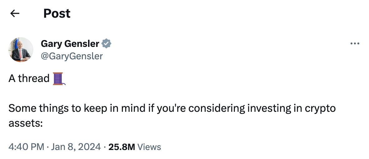 SEC Gary Gensler Issues Public Statement on Crypto Investing as Spot ETF Verdict Looms | Source: X(Formerly Twitter, Jan 8 2024.)