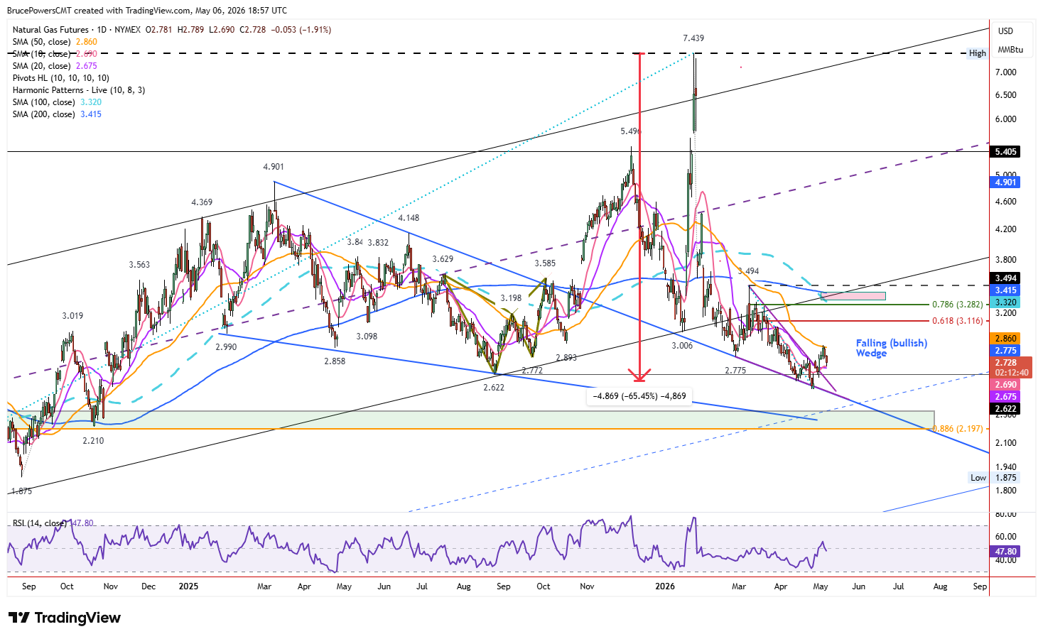 Natural gas futures daily chart shows long-term structure