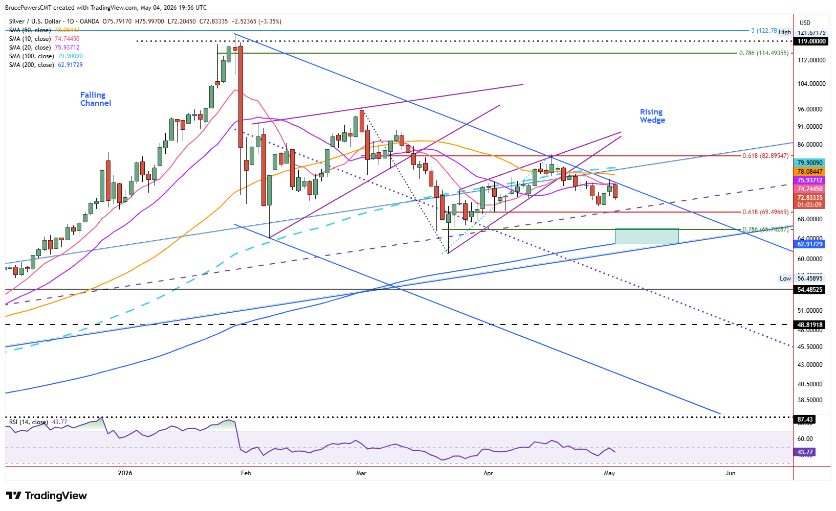 Spot silver daily chart shows bear wedge continuation.