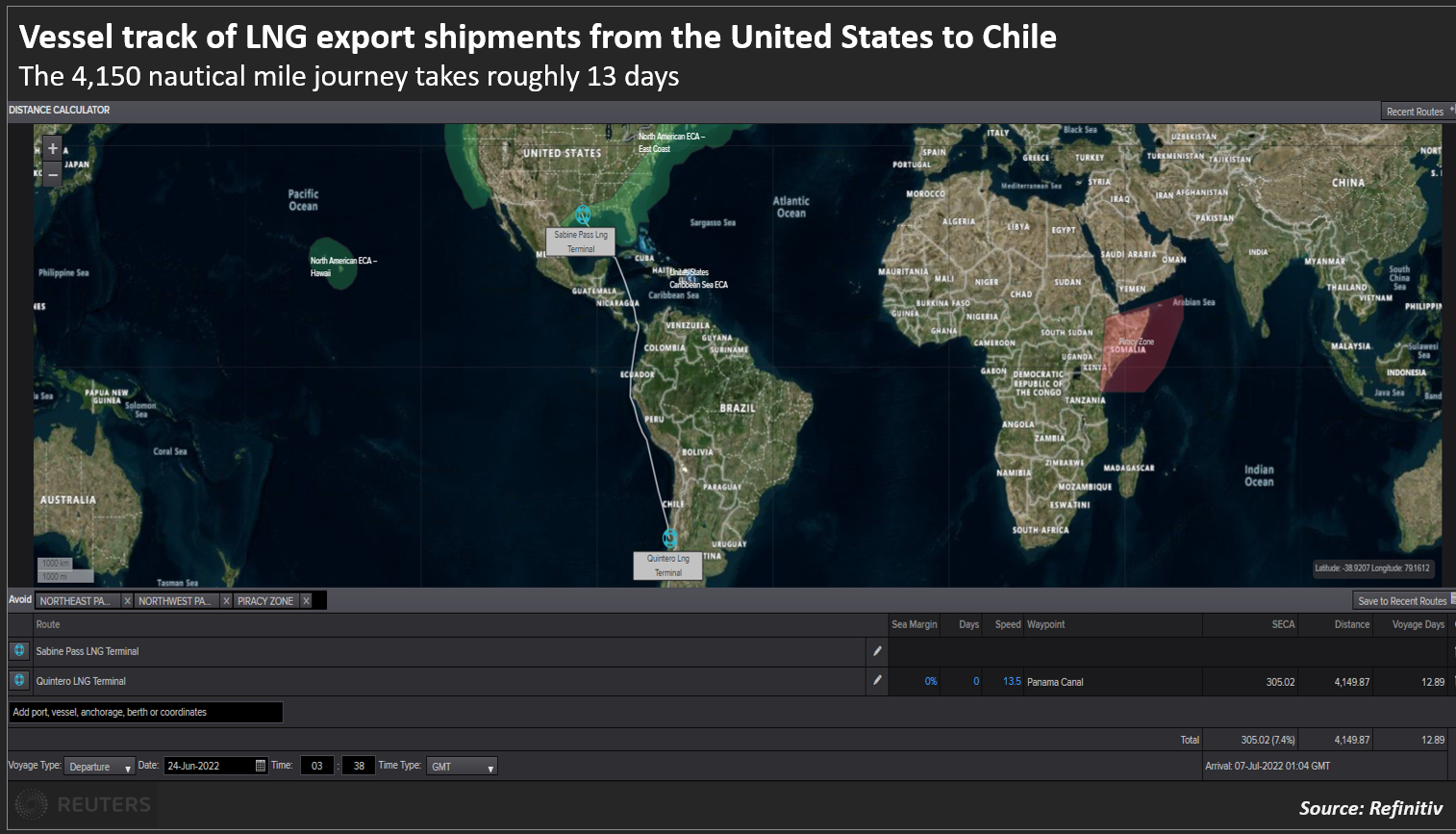 Vessel track of LNG export shipments from the United States to Chile