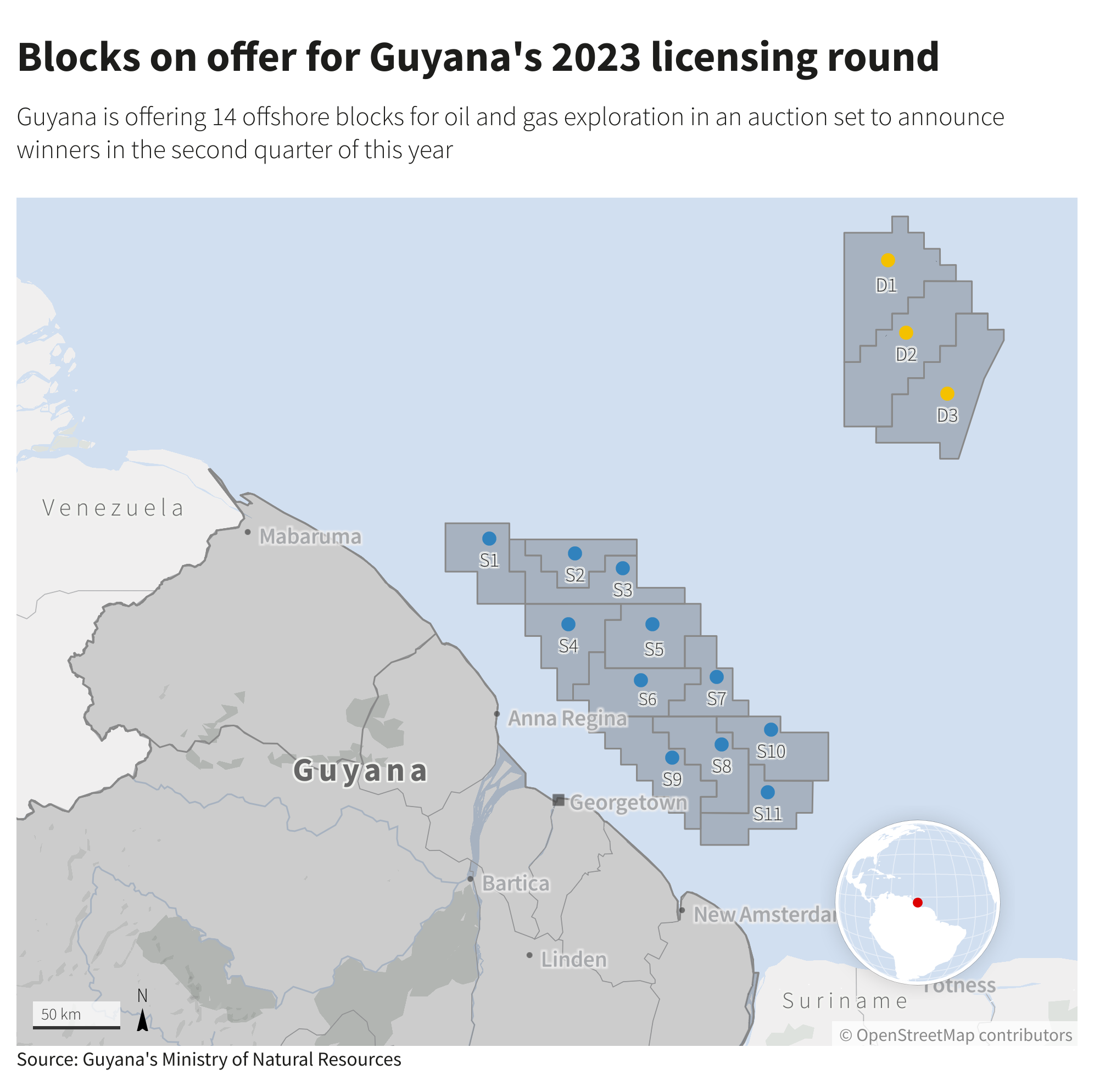 Blocks on offer for Guyana’s 2023 licensing round
