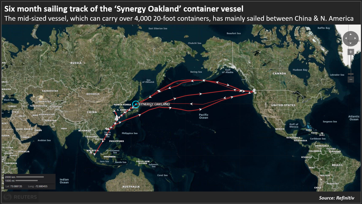 Six month sailing track of the ‘Synergy Oakland’ container vessel