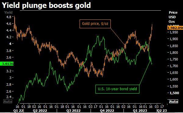 Yield plunge boosts gold