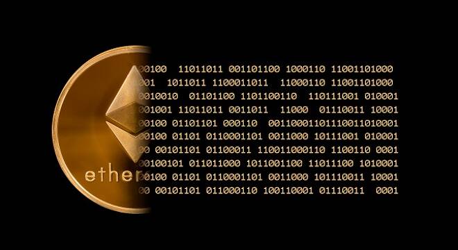 Ether or ethereum coin with bits and black background