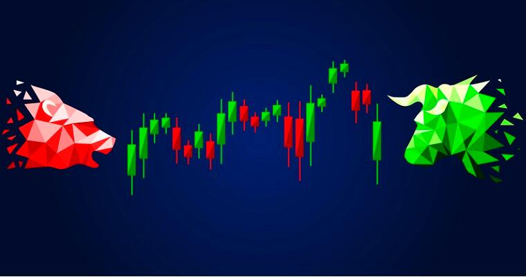 Forex trading concept. Stock market business infographics with silhouettes of bear, bull and candllestick chart. Vector illustration low poly style