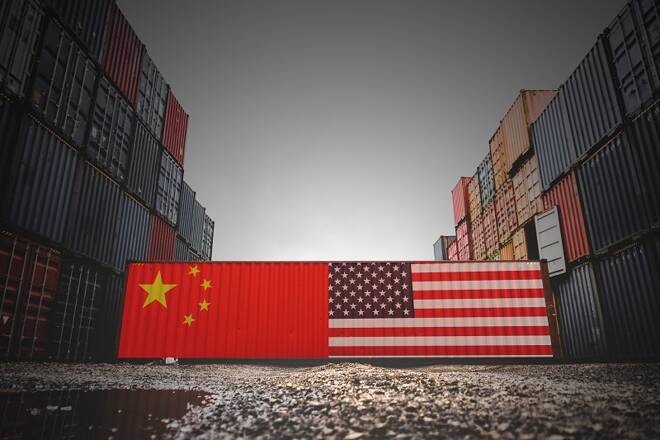 Cargo containers with Chinese and United States flag