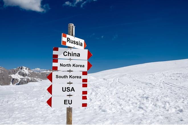North Korea, South Korea, USA, EU, China and Russia. Cold relations and policy concept