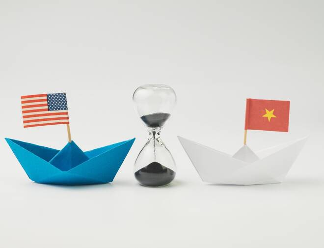 US and China financial trade war tariff strategy concept, hourglass / sandglass at the center between blue paper ship with America flag and white one with China flag
