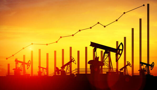 Oil pump jacks on sunset sky background. Concept of growing oil prices