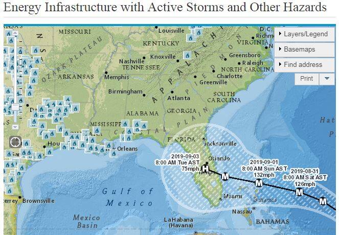 EIA Hurricane Path Map with Natural Gas Processing Plants