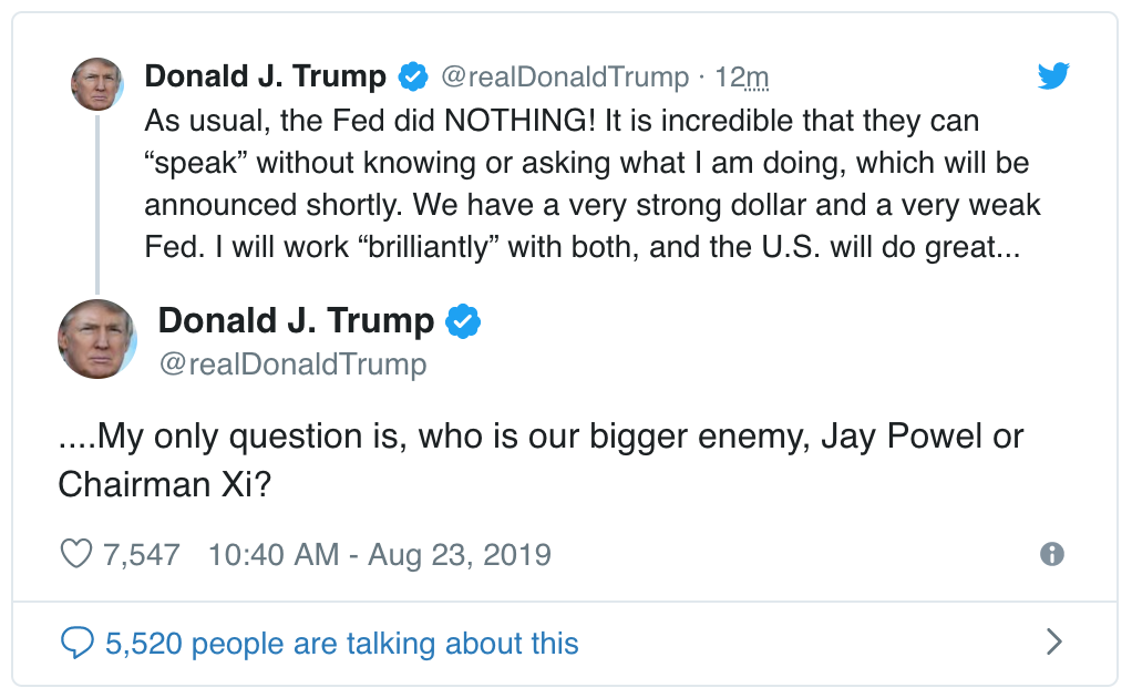 Trump tweets 'Who is our bigger enemy,' Fed Chairman Powell or Chinese President Xi_