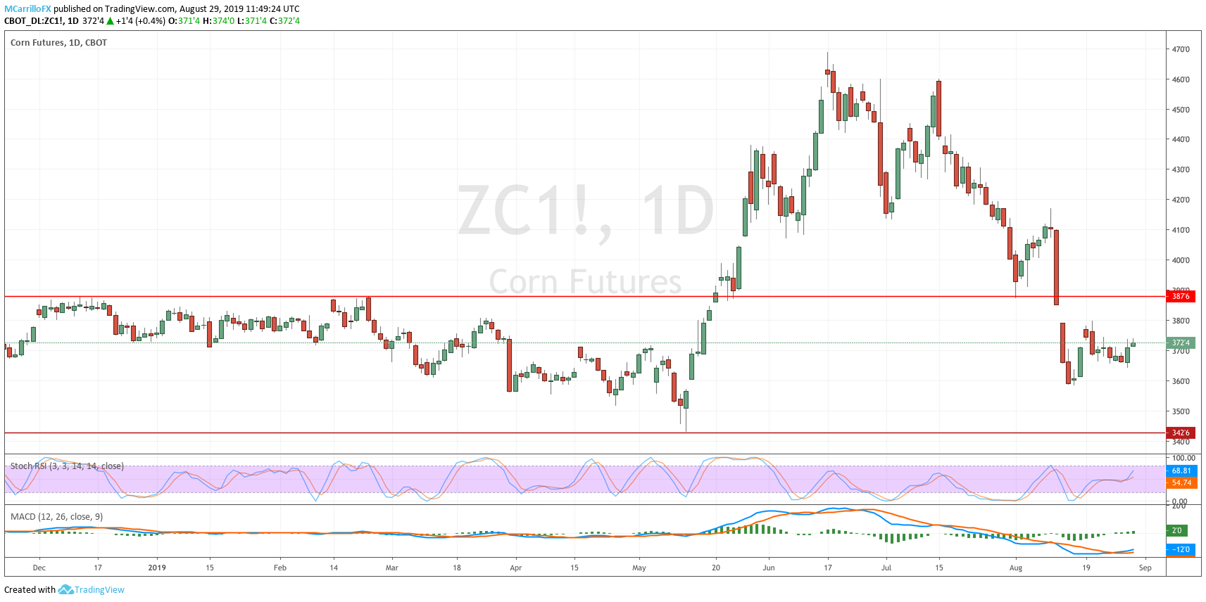 ZC1 Corn Futures 1-hour chart August 29