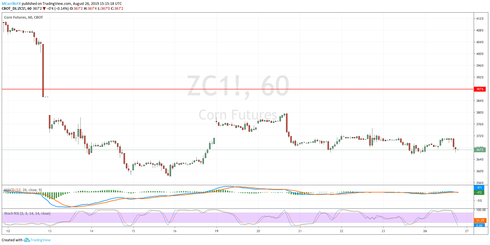ZC1 Futures Corn 1-hour chart August 26