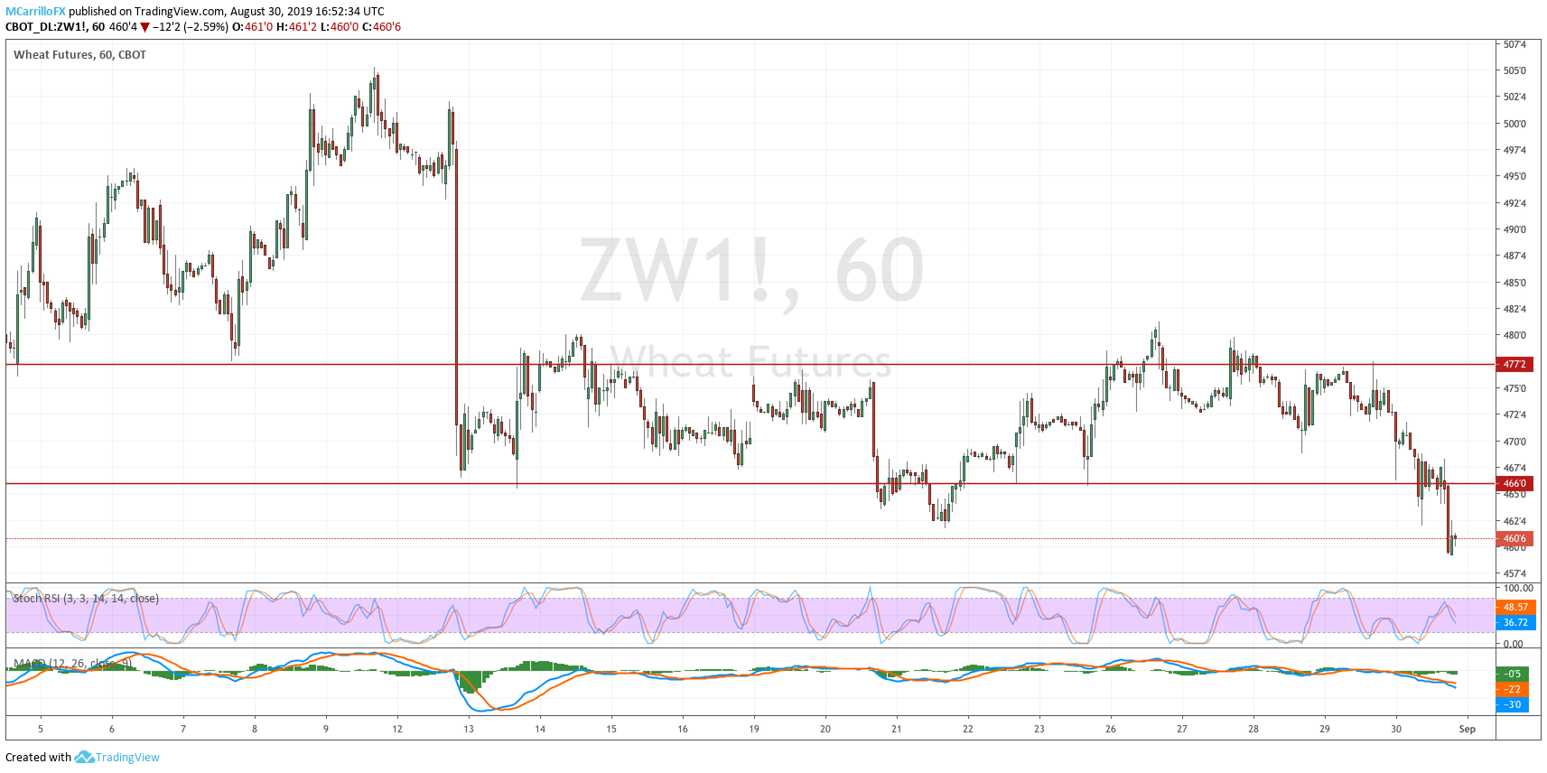 ZW1 Futures of Wheat 1-hour chart August 30