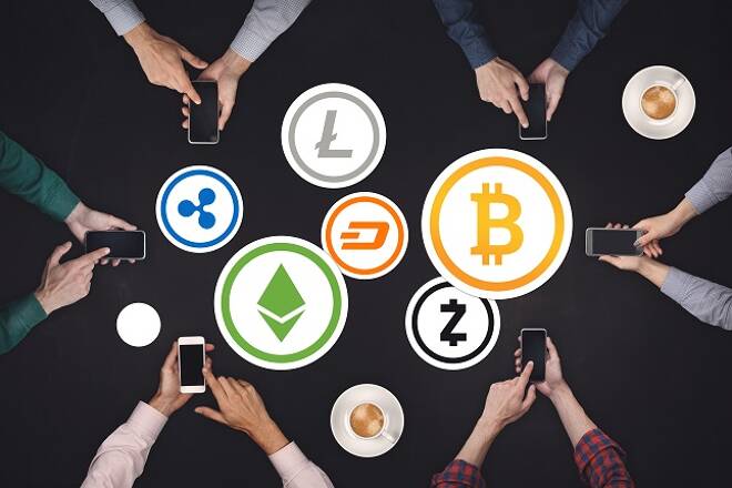 Teamwork concept. Six creative people working cryptocurrency Icon Concept Top view on black background. Bitcoin, Ethereum, Ripple, Dash, Litecoin, Zcash