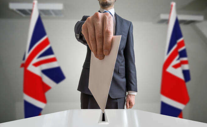 Election or referendum in Great Britain. Voter holds envelope in