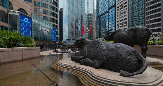 Central, Hong Kong 16 July 2019:Two buffalo statues, Exchange Square at Hong Kong Island