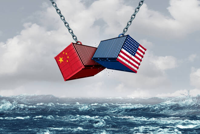 China USA fight as a trade war and tariff dispute on imports and exports industry as a 3D illustration.