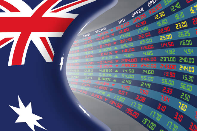 National flag of Australia with a large display of daily stock m