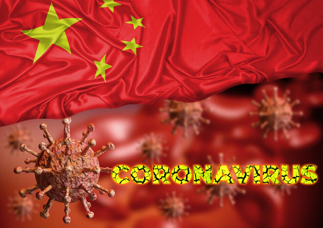 Coronavirus and flag of china, country where an outbreak started in Wuhan city