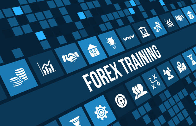 Forex training concept image with business icons and copyspace.