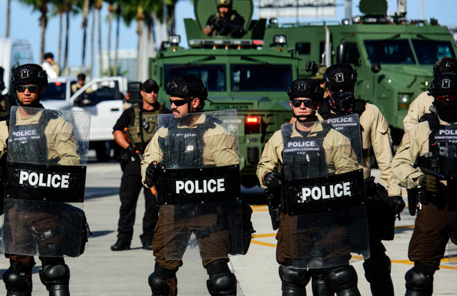 Miami Downtown, FL, USA - MAY 31, 2020: Police and military in Miami during a protest against violence and racism.