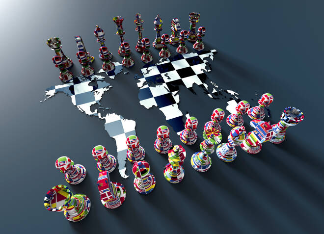 chess board out of the world map with chess play