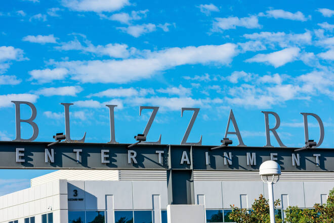 Blizzard Entertainment sign at the entrance to the video game developer and publisher headquarters - Irvine, California, USA - 2020
