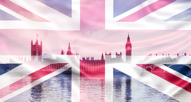 brexit concept - double exposure of UK landmarks and flag
