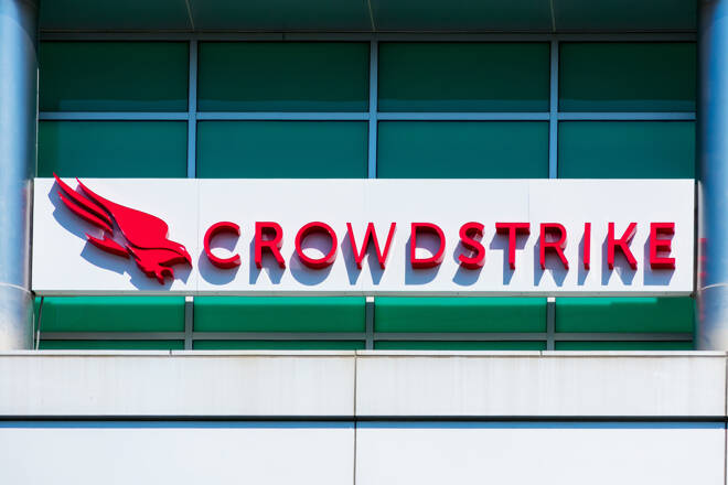 CrowdStrike sign and logo at headquarters in Silicon Valley. CrowdStrike Holdings, Inc. is a public cybersecurity technology company