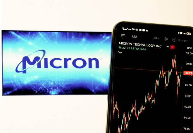 KIEV, UKRAINE - February 24, 2021: In this photo illustration the stock market information of Micron Technology, Inc. displays on a smartphone while the logo of Micron Technology, Inc displays as the background