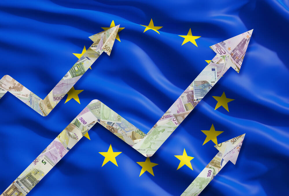 Growing Euro notes arrows over the flag of European Union.