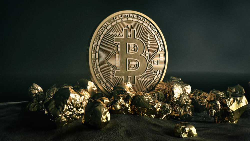 Golden Bitcoin Coin and mound of gold. Bitcoin cryptocurrency. Business concept.