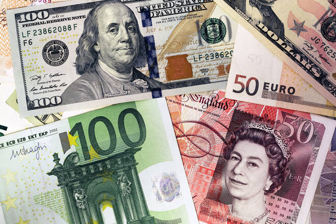 Mix of currencies banknotes - Dollar, Pound Sterling, Euro. Money