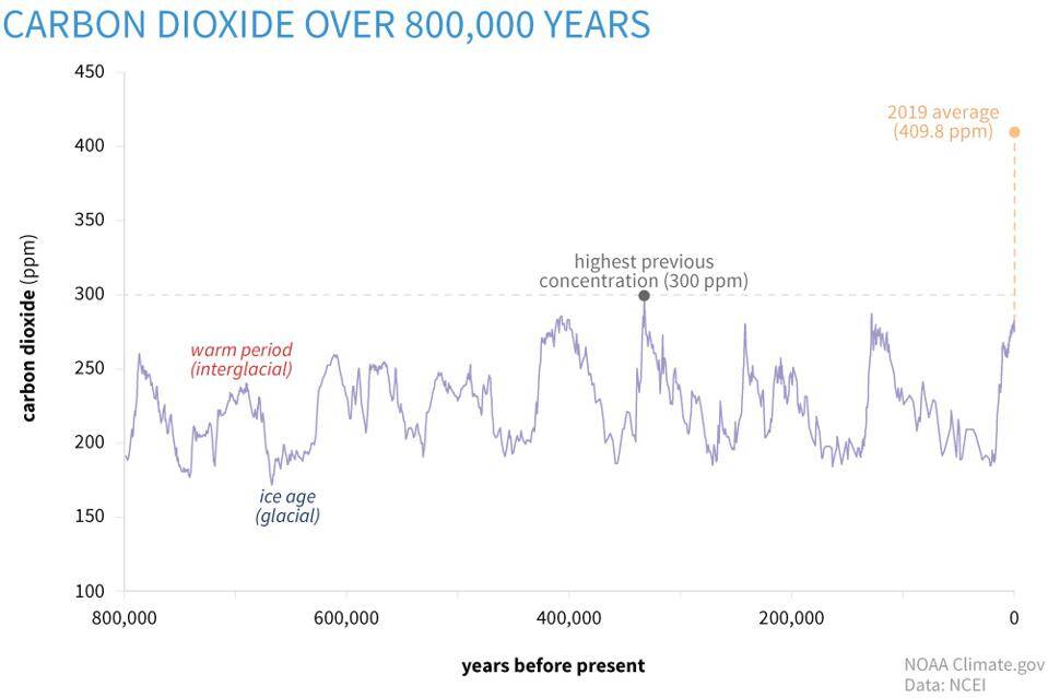 The world now has the highest concentration of carbon dioxide in over 800,000 years, which has triggered major shifts in ices ages and life on the planet in the past