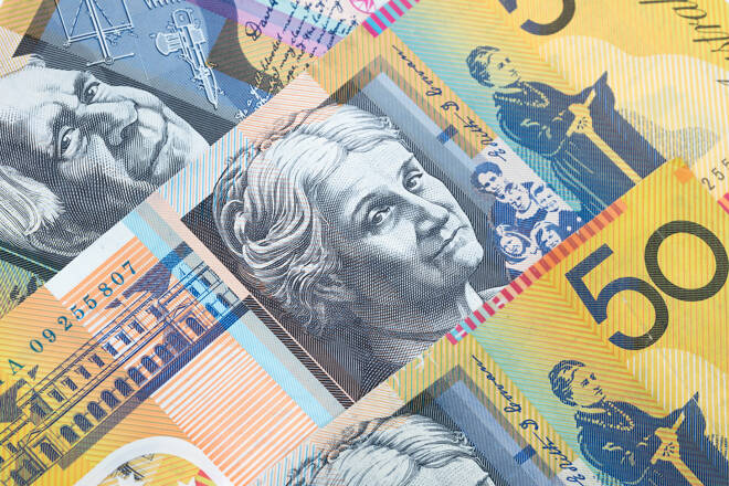 Closeup fifty Australian dollar banknotes as money and currency background.
