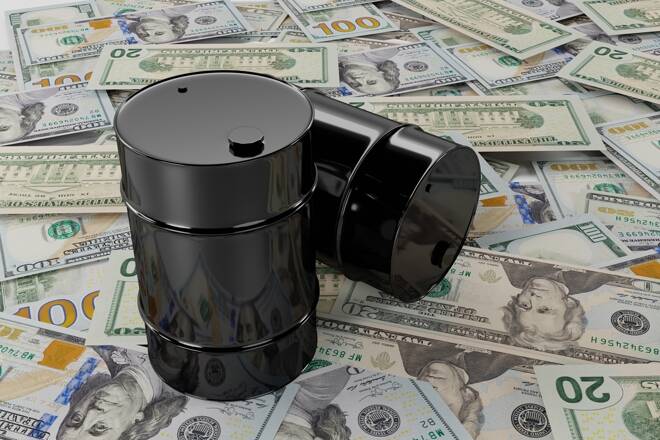 Two glossy black barrels of oil on a large pile of American dollars, the concept of high volatility of Brent, wti, urals grades in the commodity markets 3D rendering