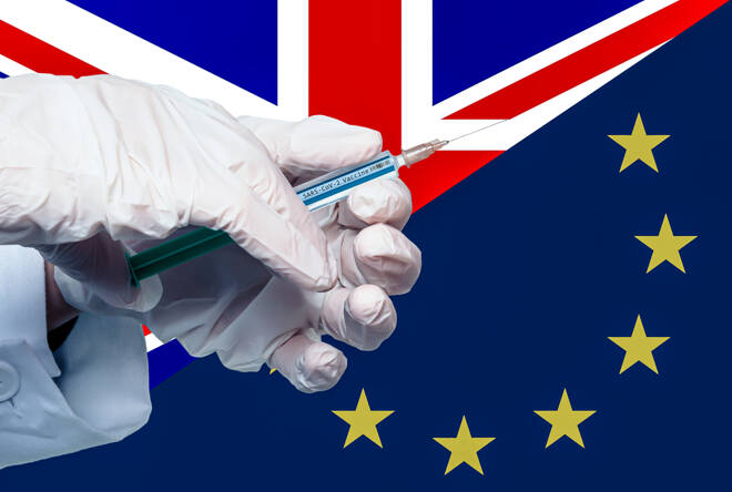 split flags of europe and uk with a covid 19 vaccine syringe in the foreground