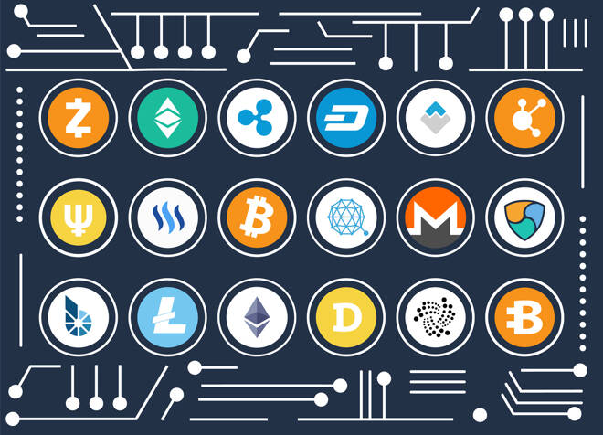 Cryptocurrency Icons Set on Computer Microscheme