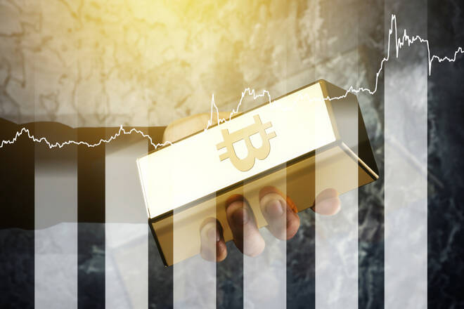 Gold bullion with symbol of Bitcoin and growth chart