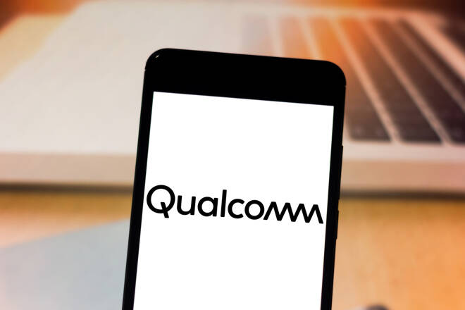 April 25, 2019, Brazil. Qualcomm logo on the mobile device. Qualcomm is a US company that produces the chipsets of CDMA and W-CDMA technology phones