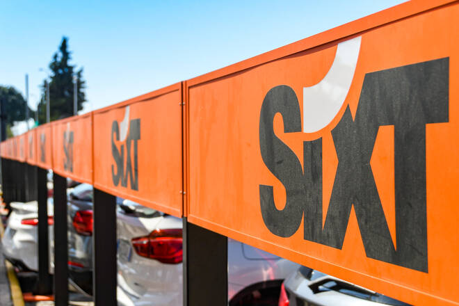 NAPLES, ITALY - AUGUST 2019: Sign outside the Sixt car rental depot at Naples airport.