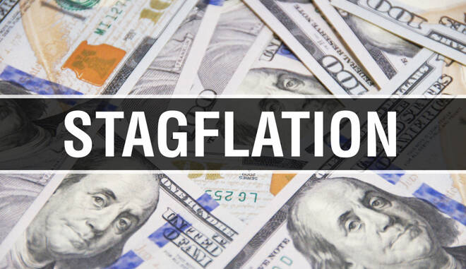Stagflation text Concept Closeup. American Dollars Cash Money,3D