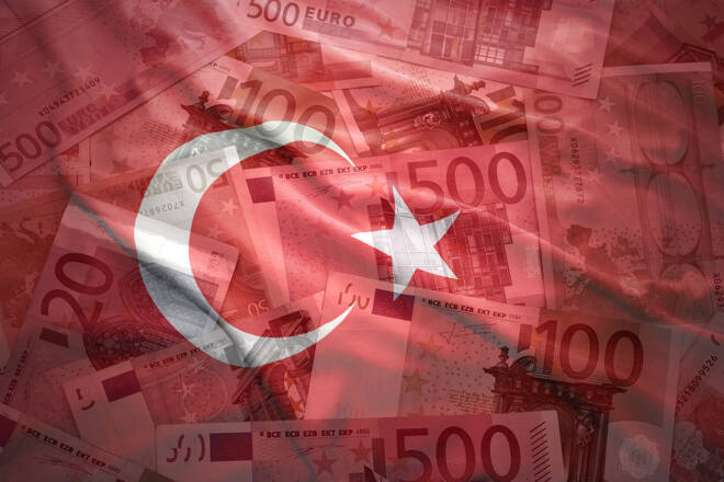 colorful waving turkish flag on a euro money background