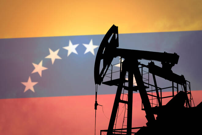 Oil pump on background of flag of Venezuela