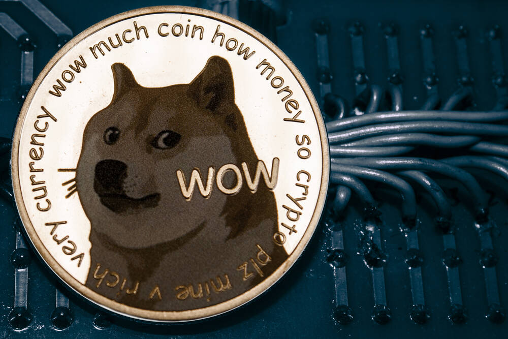Coin cryptocurrency doge on the background of wires and circuits