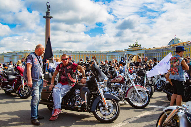 Saint Petersburg. Russia. St. Petersburg Harley days. Motofestival. Palace square. Motorcyclists waiting for a motorcycle race. 04.08.2018