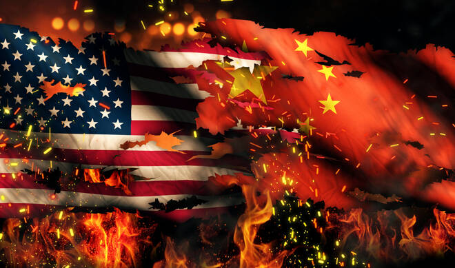 USA China National Flag War Torn Fire International Conflict 3D